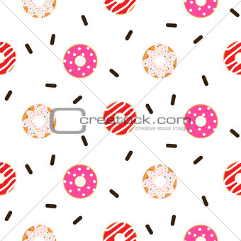 Donut pink glazed seamless vector pattern.