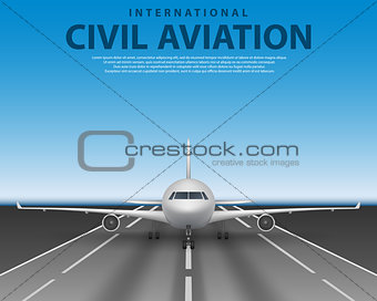Civil passenger airliner jet on runway. Commercial realistic airplane concept front view. Plane in blue sky, travel agency advertisement poster design