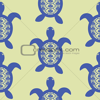 Blue openwork turtle seamless vector green pattern.