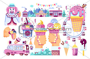 Vector isolated illustration business selling ice cream sale of food with machine, meal on wheels clown amusement park sweet vanilla chocolate fruit filling cafe road flat style white background