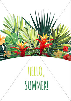Floral vertical postcard design with guzmania and hibiscus flowers, monstera and royal palm leaves. Exotic hawaiian vector background.