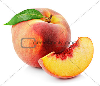 Peach with slice and leaf isolated on white