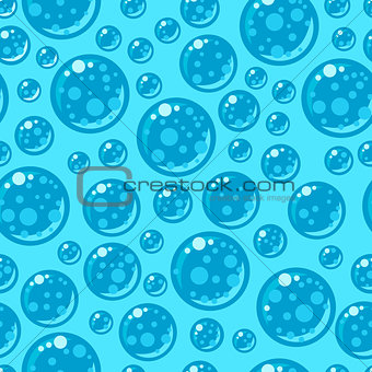 Seamless pattern with soap bubbles in flat style on blue background.