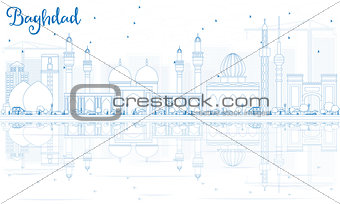 Outline Baghdad Skyline with Blue Buildings and Reflections.