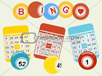 Three bingo balls and cards on light green background