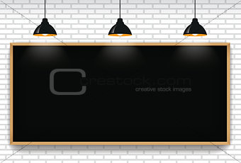 Blank blackboard in white brick wall background with 3 hanging l