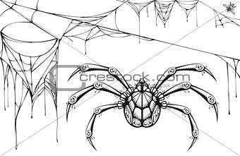 Scary black and white spider and torn web. Halloween symbols and accessories