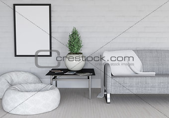 3D modern room interior with blank picture frame