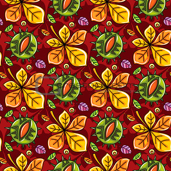 Autumn seamless pattern with leaves and chestnut