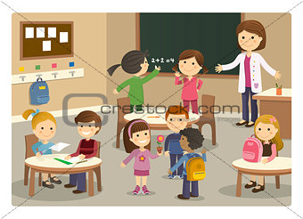 Pupils and teacher starting class at school