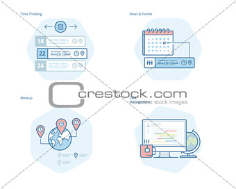 Set of concept line icons for time manager, news and events, meetup, task management, time tracking