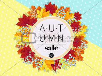 Autumn Sale. 3D stylized multicolored leaves wreath. Round fall leaves and berries frame with autumn discount text. Cartoon style vector illustration