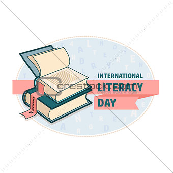 International Literacy Day card. Book and ribbon.