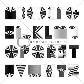 Striped english alphabet. Vector linear font.