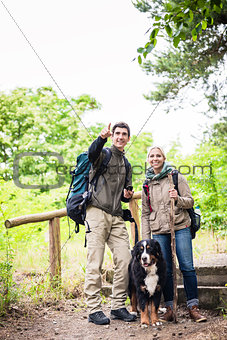 Hikers with dog in forest