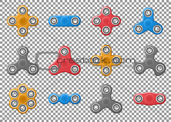 Set of Hand spinner toys. realistic yellow, red and gray spinner vector icons isolated on transparent background