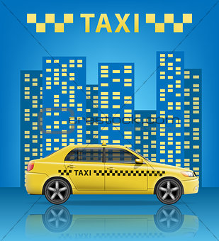 Realistic Taxi car with blue city background. City taxi banner. Vector illustration