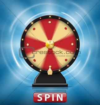 Realistic 3d spinning fortune wheel isolated with Spin button. Wheel of fortune with glowing lamps for online casino. Vector illustration