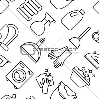 Cleaning, wash line icons. Washing machine, sponge, mop, iron, vacuum cleaner, shovel clining background. Order in the house thin linear backdrop for cleaning.