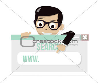 Young boy looking on simple browser window. Your website in the search line. Happy character. Flat vector stock illustration.