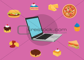 order online food user laptop computer with various food