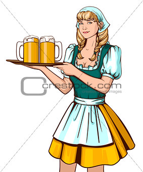 Beautiful young woman waiter holding tray with beer. Oktoberfest German beer festival