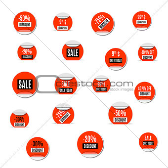 Set of red paper stickers of discount and sale, vector illustration.