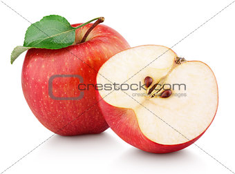 Red apple fruit with half and green leaf isolated on white