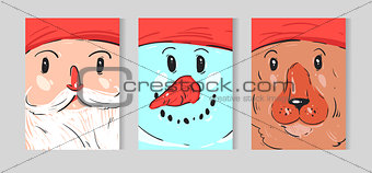 Hand drawn vector abstract Christmas decoration greeting card collection set with cute funny character illustration of Santa Claus,snowman and polar bear.Journal New Year cards