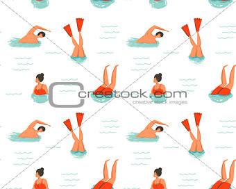 Hand drawn vector abstract cartoon summer time fun illustration seamless pattern with swimming people isolated on white background