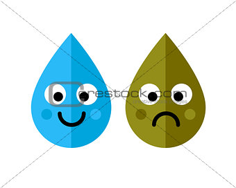 Clean and dirty water drops characters icon isolated on white background. Ecology concept.
