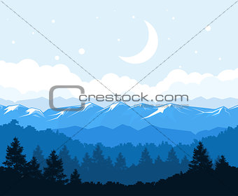 Foggy forest at the foot of mountains - rocks landscape 