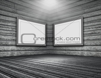 3D grunge wooden room interior with blank picture frames