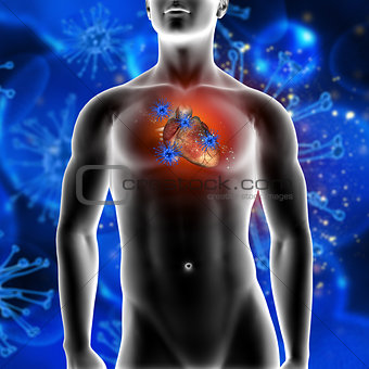 3D medical background showing virus cells attacking a heart in a