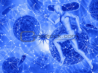3D medical background with a male figure running and a virus cel