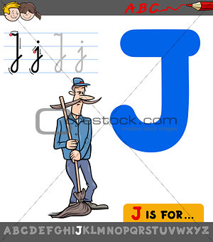 letter j with cartoon janitor character