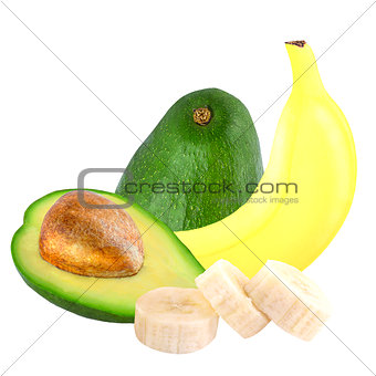Banana and avocado isolated on white background