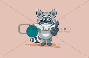 Vector Illustration isolated Emoji character cartoon raccoon cub holds circular design element sticker emoticon happy emotion with thumb up approval for info graphic, video, animation, web sites