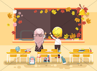 Vector illustration back to school cartoon characters schoolboy schoolgirl apprentices studying in empty classroom standing at staple with textbooks pupils write blackboard flat style background