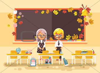Vector illustration back to school cartoon two characters schoolboy and schoolgirl standing alone in empty classroom at staple with textbooks pupils near blackboard flat style autumn background