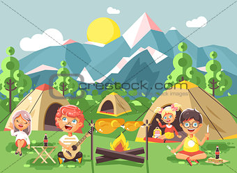 Vector illustration cartoon characters children boy sings playing guitar with girl scouts, camping on nature, hike tents and backpacks, adventure park outdoor background of mountains flat style