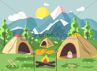 Vector illustration nature national park landscape three tents bonfire, chicken fried sandwiches, snack, food, backpack, camping hiking daytime sunny day, outdoor background mountains flat style