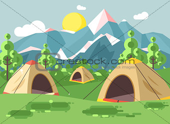 Vector illustration cartoon nature national park landscape with three tents camping hiking rules of survival bushes, lawn, trees, daytime sunny day, outdoor background of mountains in flat style