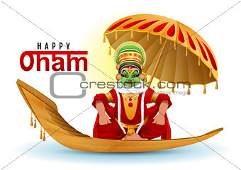 Happy Onam greeting card. Hindu festival of Kerala in India. Mahabali king returns swimming on boat