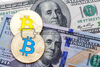 Golden bitcoins on US dollars. Electronic money exchange concept