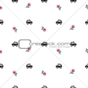 London cartoon cab cars and flowers seamless pattern.