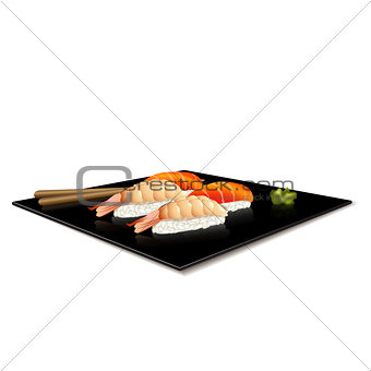 japanese cuisine: sushi on a plate with reflection