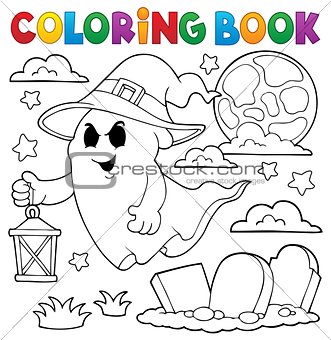 Coloring book ghost with hat and lantern