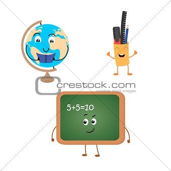 Set of funny characters from blackboard, globe, school supplies.