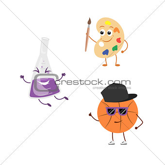 Set of funny characters from basketball, palette, flask.